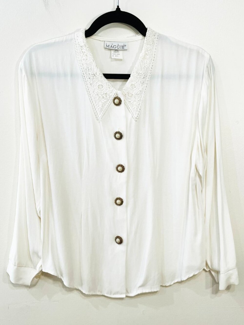 Vintage Just Maggie Lace Collar 3/4 Sleeve Blouse Ivory Medium EUC